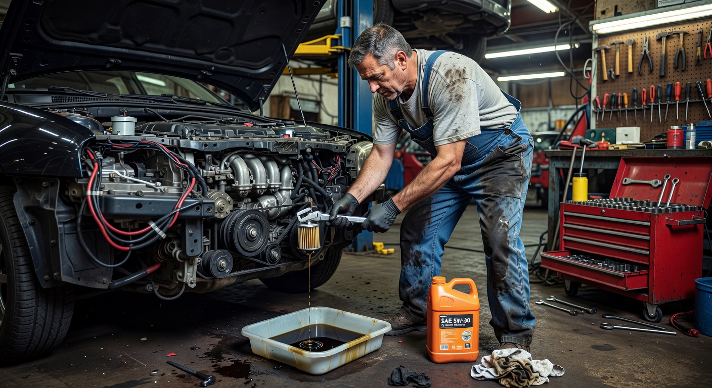 整備士によるオイル交換作業